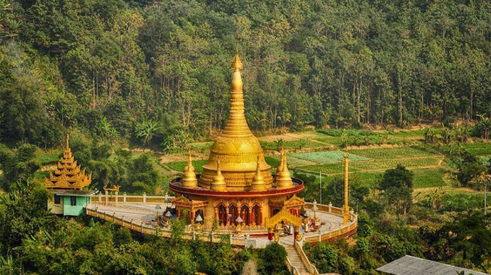 The Buddha Dhatu Jadi Golden Temple at sunset, Bandarban Bangladesh